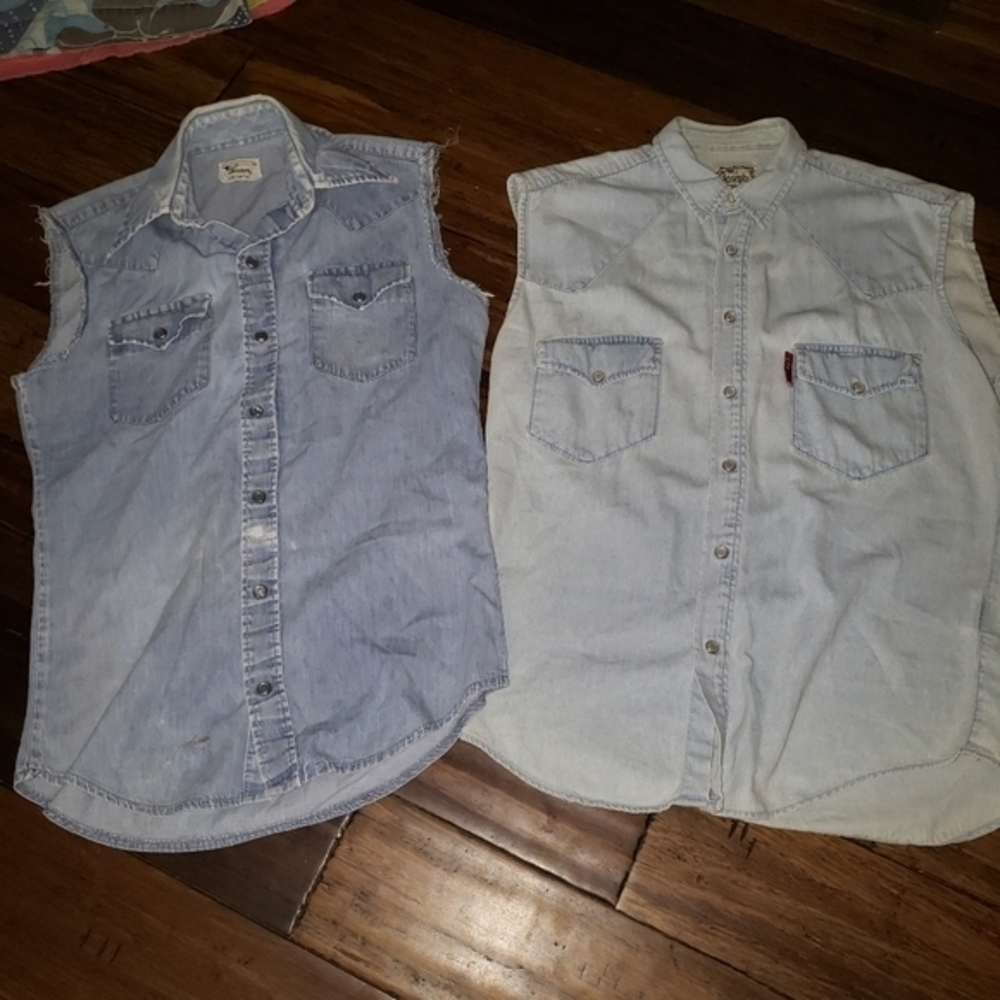 2 Vintage Denim Chambray Sleeveless Tops with Pearl Snaps
